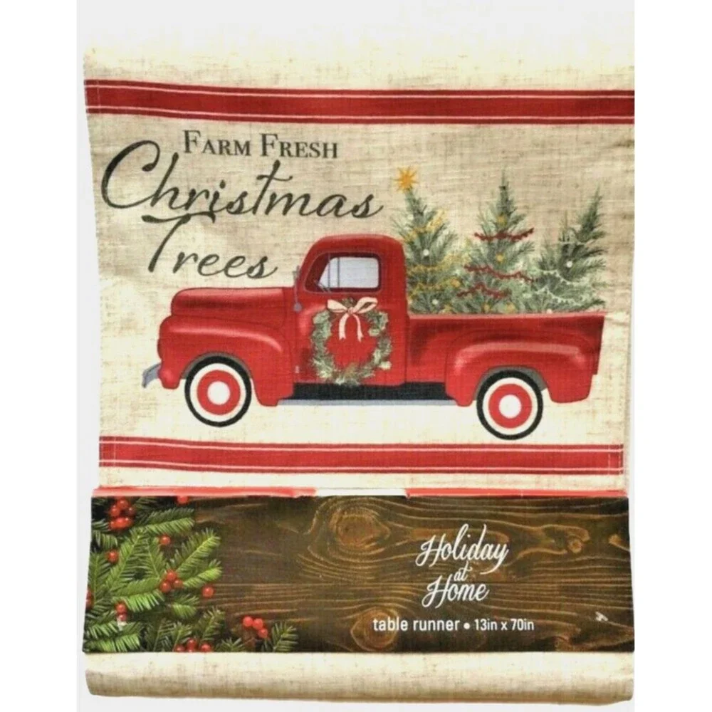 Christmas Trees Red Farm Truck Table Runner Wreath Cabin Lodge Farm Fresh 70x13